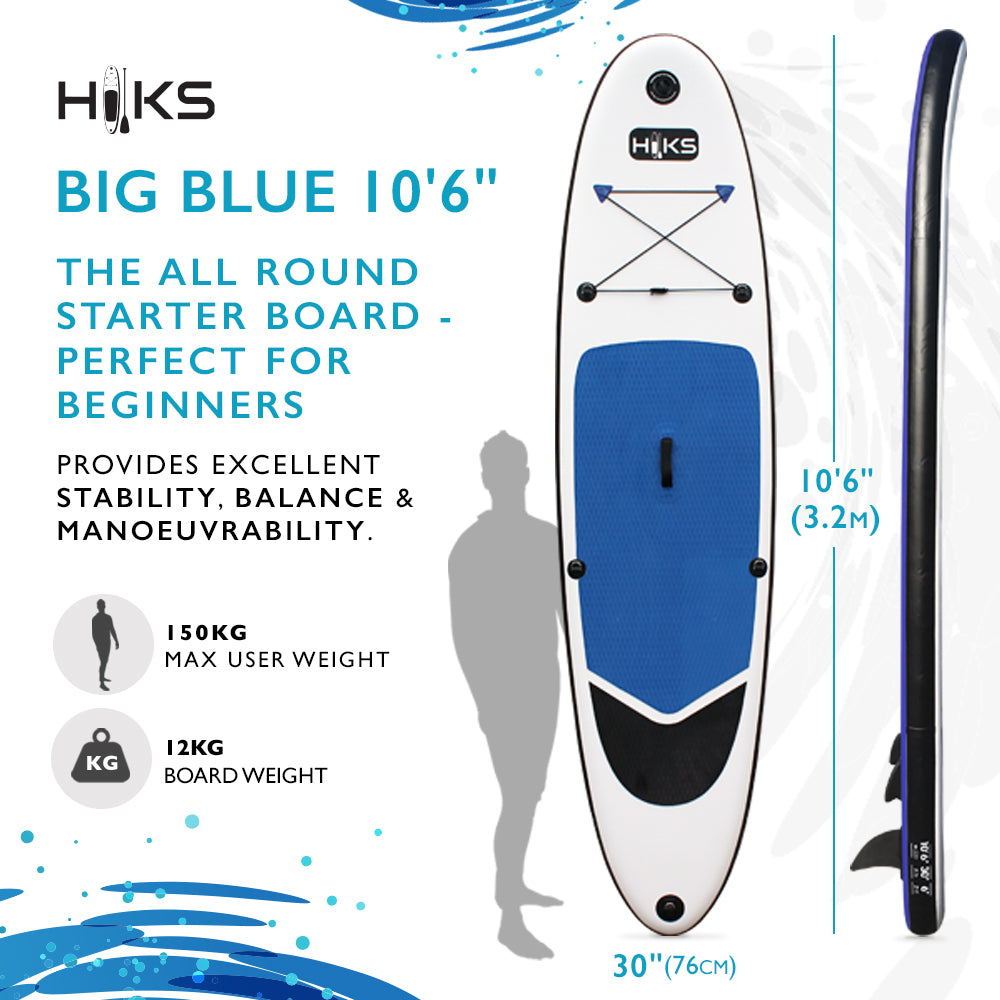 HIKS 10.6FT / 3.2M INFLATABLE STAND UP PADDLEBOARD (SUP) SET - BIG BLUE (30 inch)